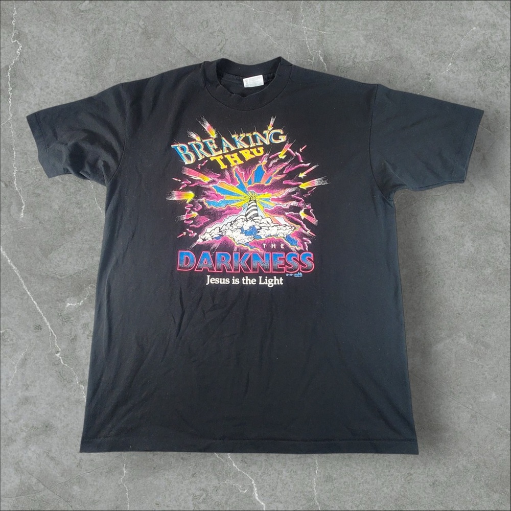 Vintage‎ Jesus Shirt Mens XL Black 90s 1991 Breaking Thru Darkness Single Stitch